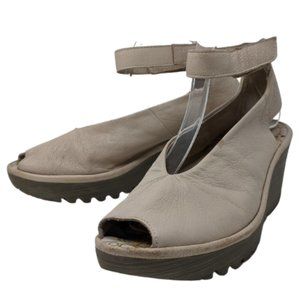 Fly London Yala Peep Toe  Beige Leather Ankle Strap Wedge Sandals Size 38